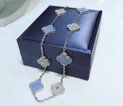 [Windsor Jewelry]CLOVERS THE 10-MOTIFS CHALCEDONY DIAMONDS SILVER NECKLACE