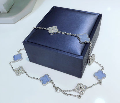 [Windsor Jewelry]CLOVERS THE 10-MOTIFS CHALCEDONY DIAMONDS SILVER NECKLACE