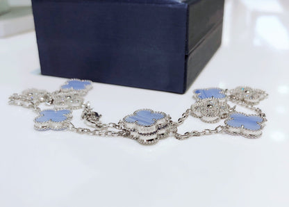 [Windsor Jewelry]CLOVER 10 MOTIFS CHALCEDONY DIAMONDS SILVER NECKLACE