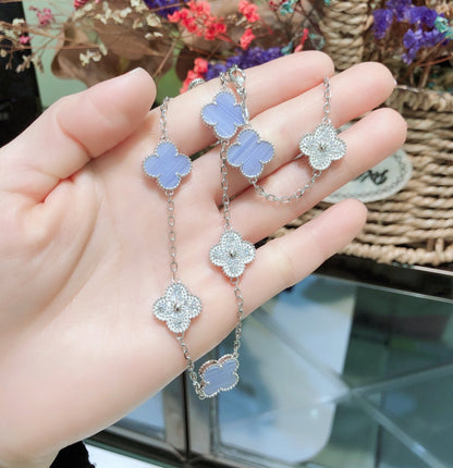 [Windsor Jewelry]CLOVERS THE 10-MOTIFS CHALCEDONY DIAMONDS SILVER NECKLACE