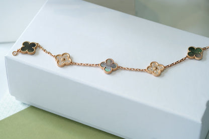 [Windsor Jewelry]CLOVER 5 MOTIFS DARK MOP AND DIAMONDS PINK GOLD BRACELET
