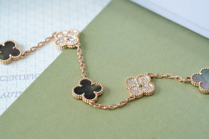 [Windsor Jewelry]CLOVER 5 MOTIFS DARK MOP AND DIAMONDS PINK GOLD BRACELET
