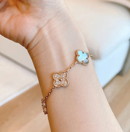 [Windsor Jewelry]CLOVER 5 MOTIFS DARK MOP AND DIAMONDS PINK GOLD BRACELET